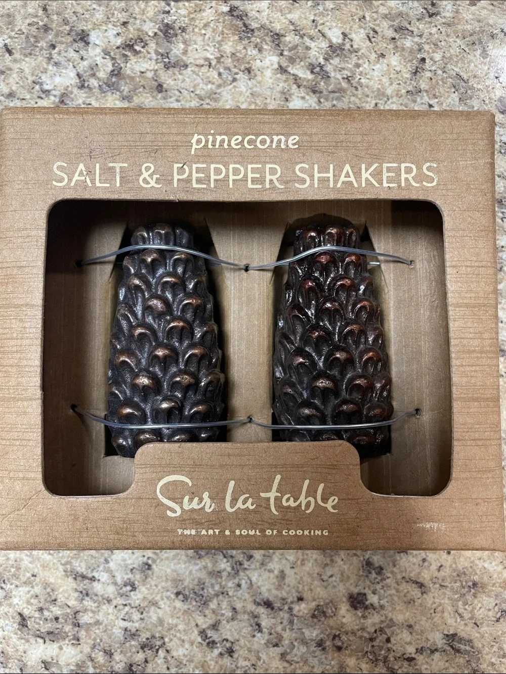 Sur la Table Pinecone Salt & Pepper Shakers. Bronze. NEW!!